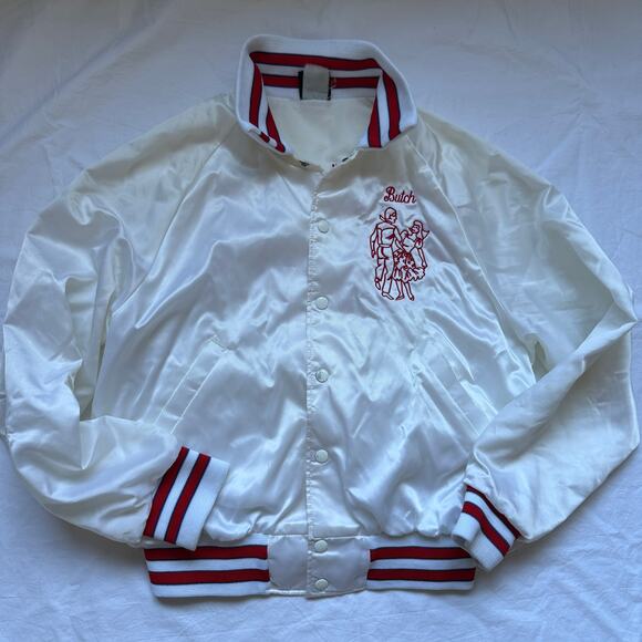 Vintage Silky Square Dance Bomber Jacket w/ snap front, M, White w/ Red/Blue - Picture 1 of 4